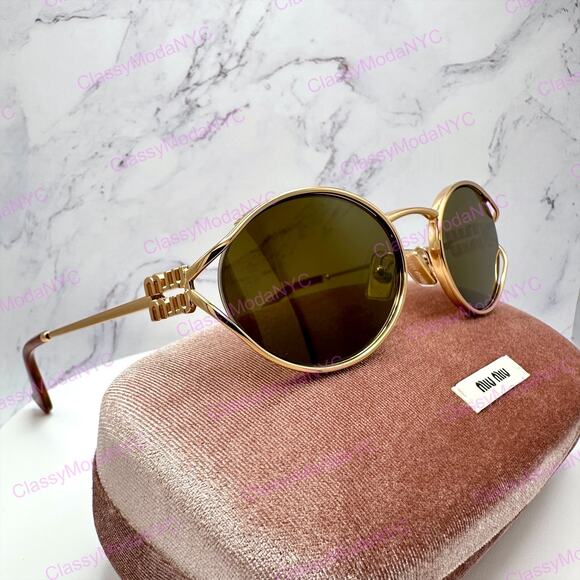 New MIU MIU Sunglasses Gold Oval Skinny Metal Frame Italy 100% Authentic
